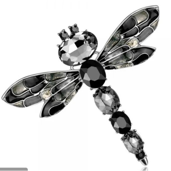 Elegant Black & Silver Crystal Dragonfly Brooch Pin - Picture 1 of 1